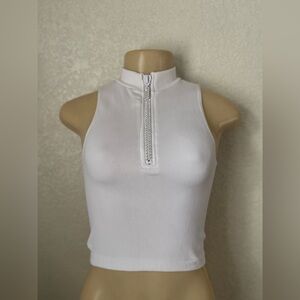 Macy's White Zip-Up Tank Top crop rhinestone - y2k